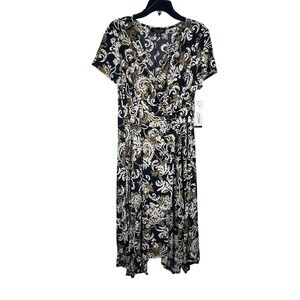 Perceptions New York Black Taupe Paisley Print Wrap Midi‎ Dress Size XL NEW